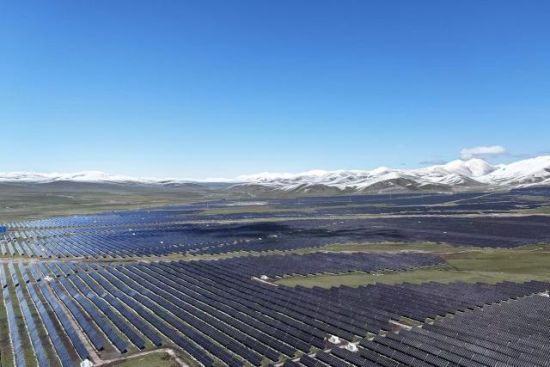 光伏区绿草雪山辉映景像。